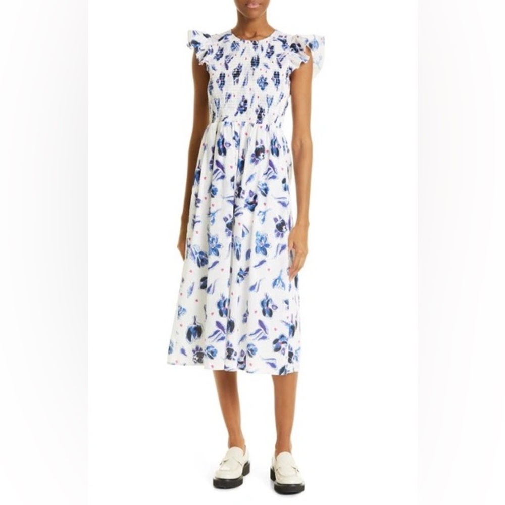 Baum Und Pferdgarten Admore Smocked Blue Floral Midi Dress Size 34 (US 4) NWT